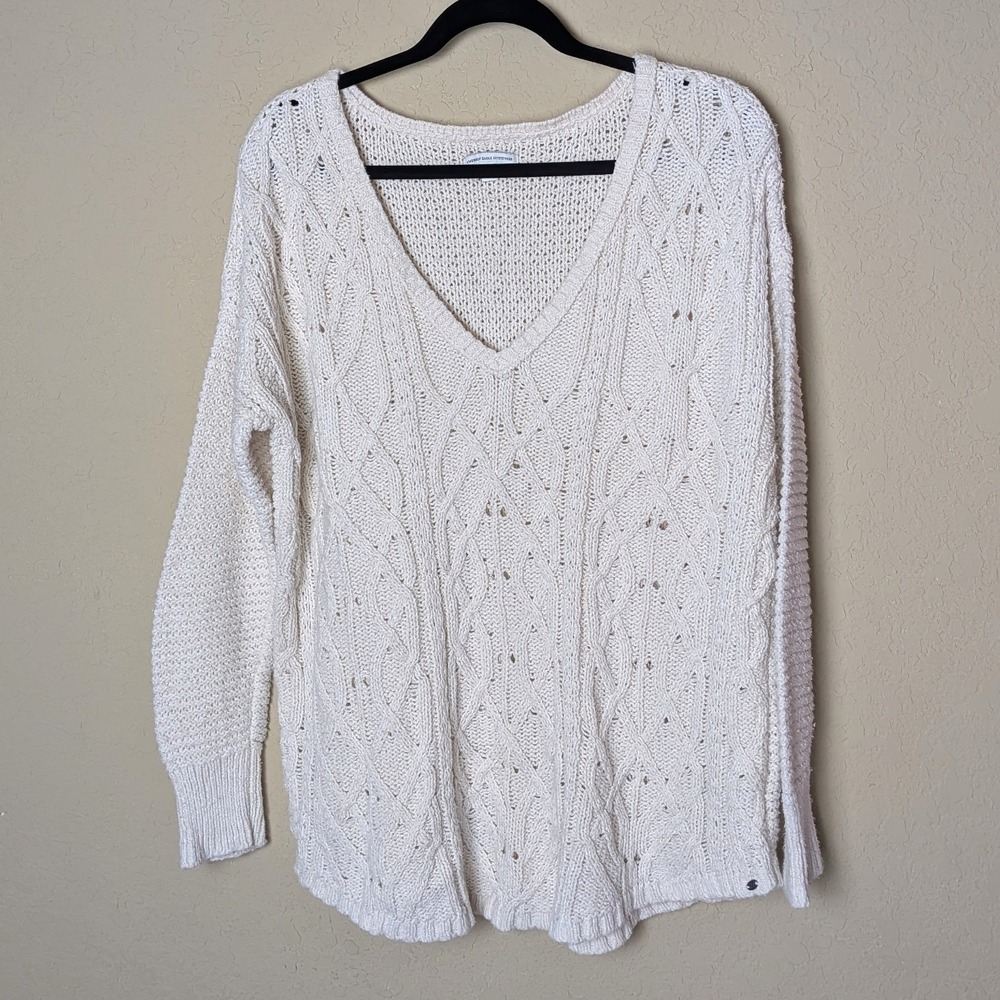 American Eagle Outfitters Cream Cable Knit Sweater Sz XL Deep V-Neck Pullover